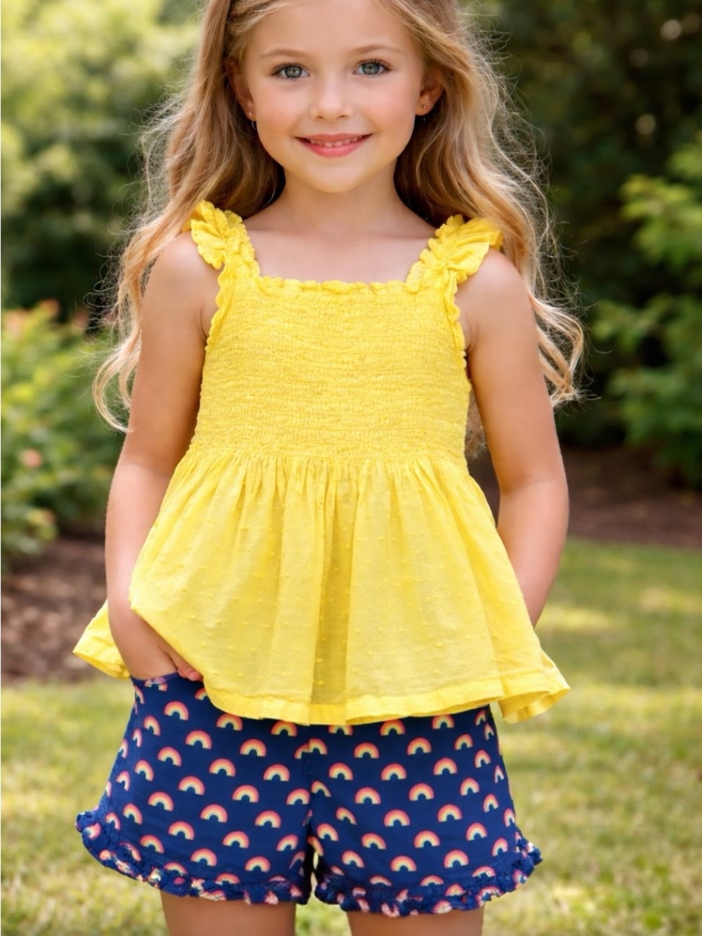 Penelope Mack Yellow Smocked Ruffle Strap Tank with rainbow shorts